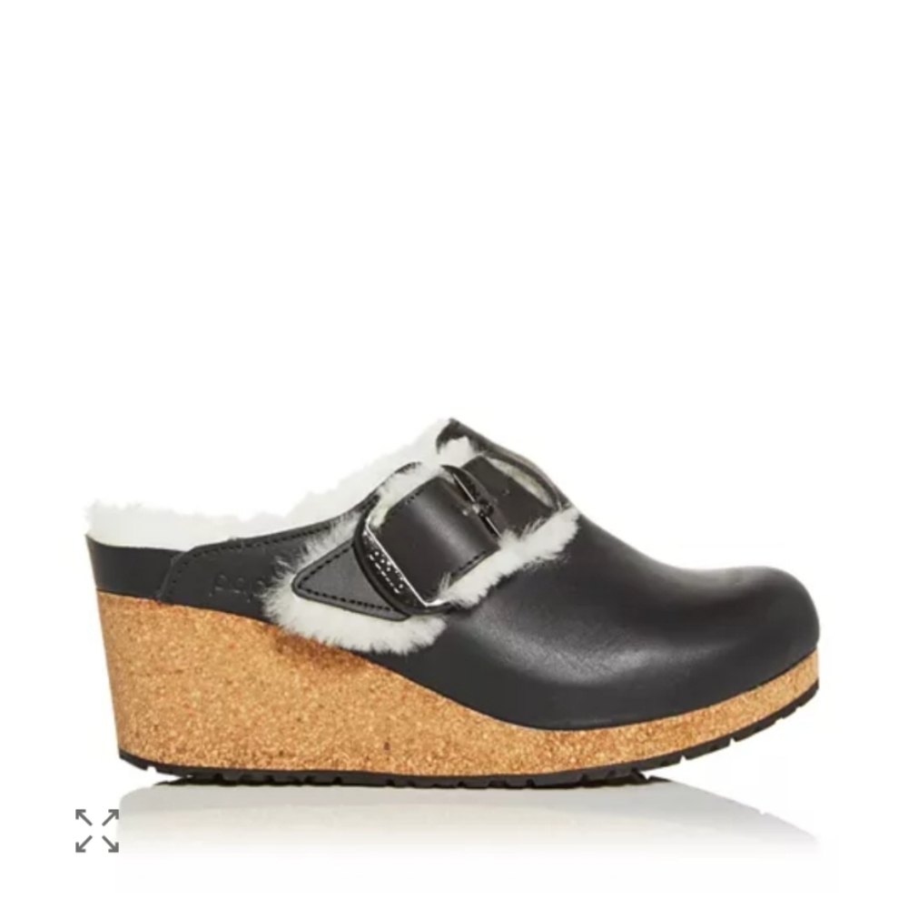 BNIB Birkenstock Papillio Fanny Big Buckle Shearling Clogs Black 38 N
